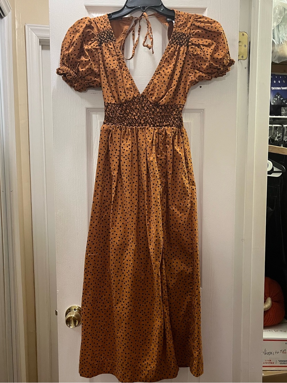 Urban Outfitters Rust Polka Dot Puff-Sleeve Midi Dress